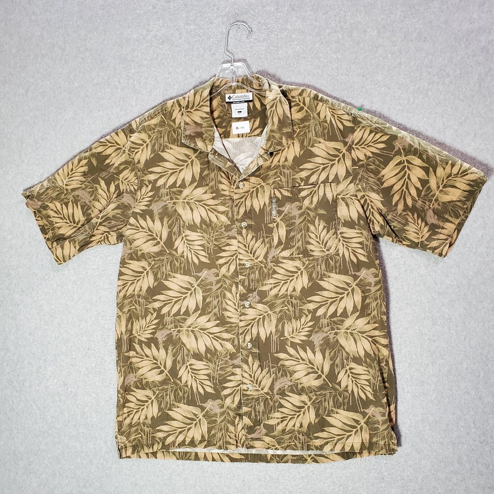 Columbia Men Button Up Shirt Large Brown Leaf Print Hawaiian Short Sleeve Collar